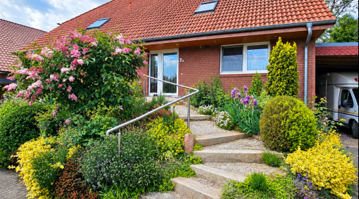 Großer Traumgarten vom Profi angelegt mit viel Platz über 3 Etagen in DHH mit überd. Terrasse- Hinterbebauung ggfs. möglich